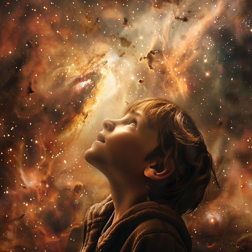 Child gazing at universe sky