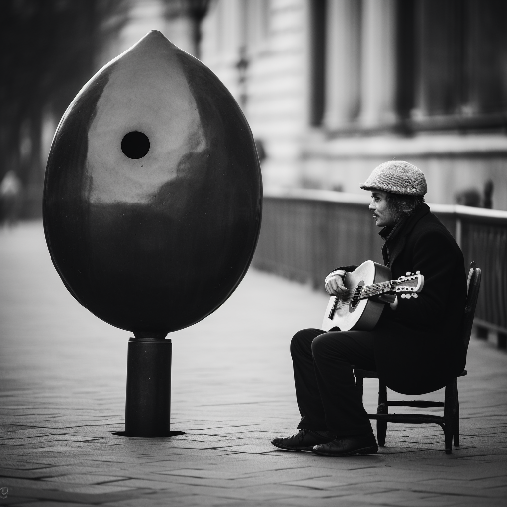 Child meeting elderly man playing ufolike instrument