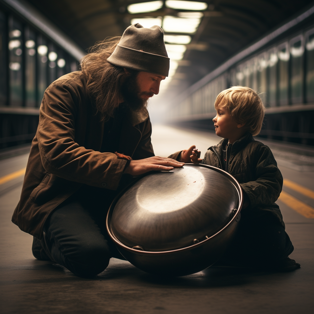 Child meets old man playing handpan instrument