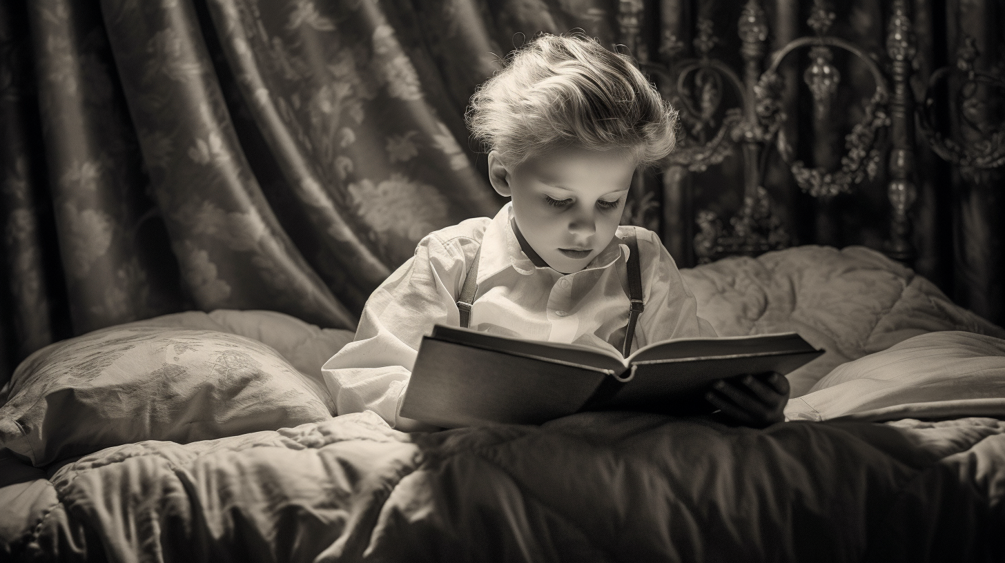 Six-year-old child reading book on bed