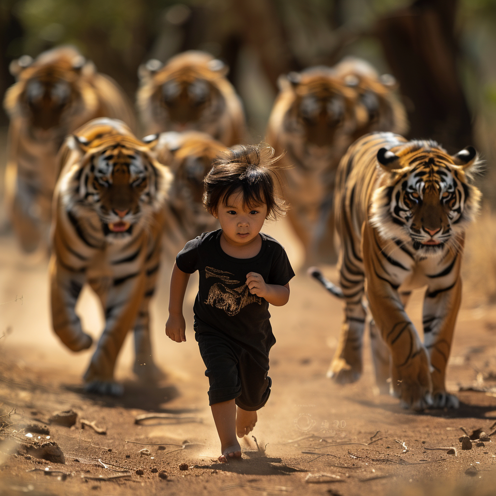 Child running away from tigers