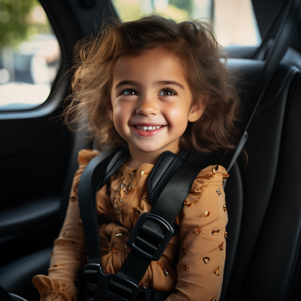 Smiling child sitting in new car with seat belt