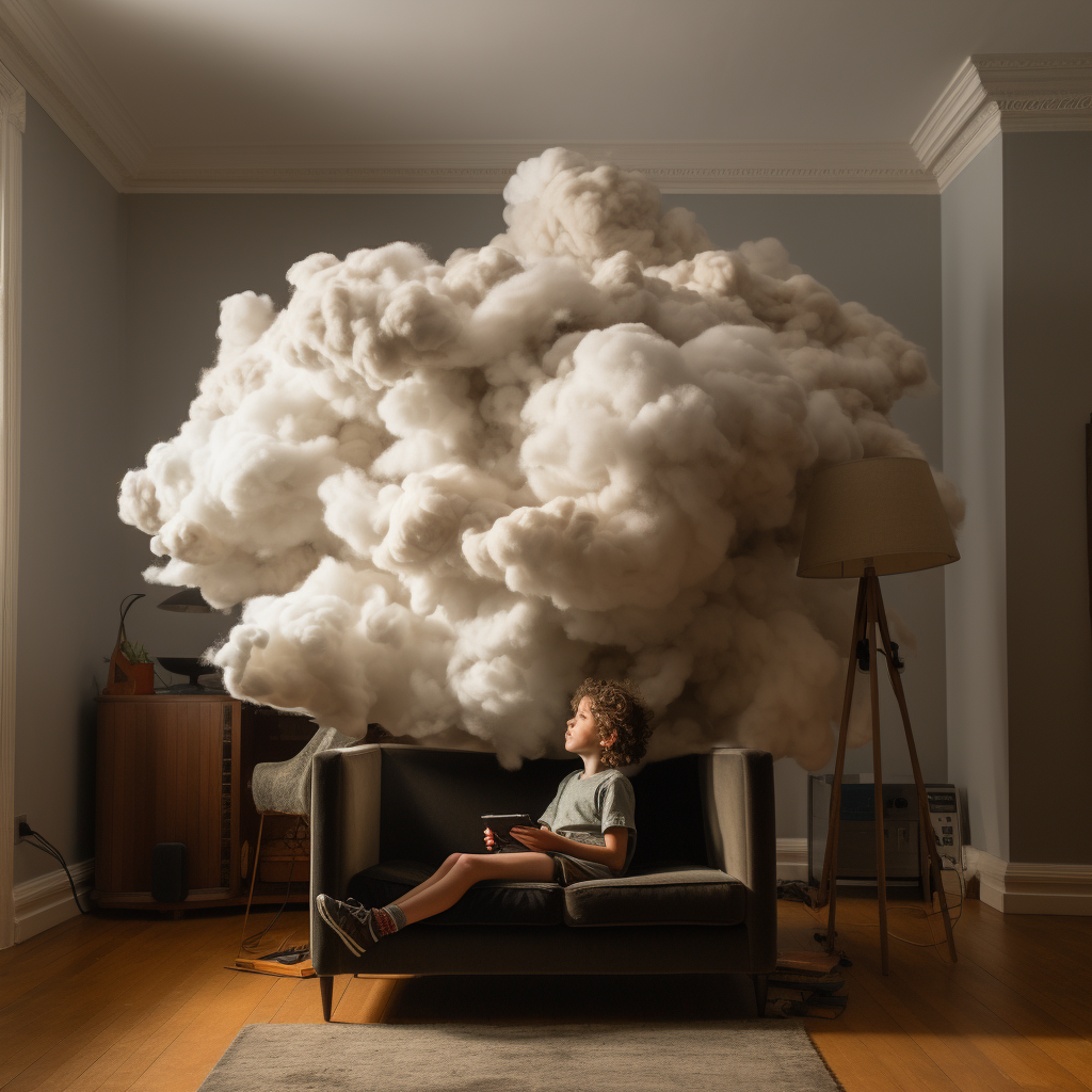 Child sitting on cloud sculpture