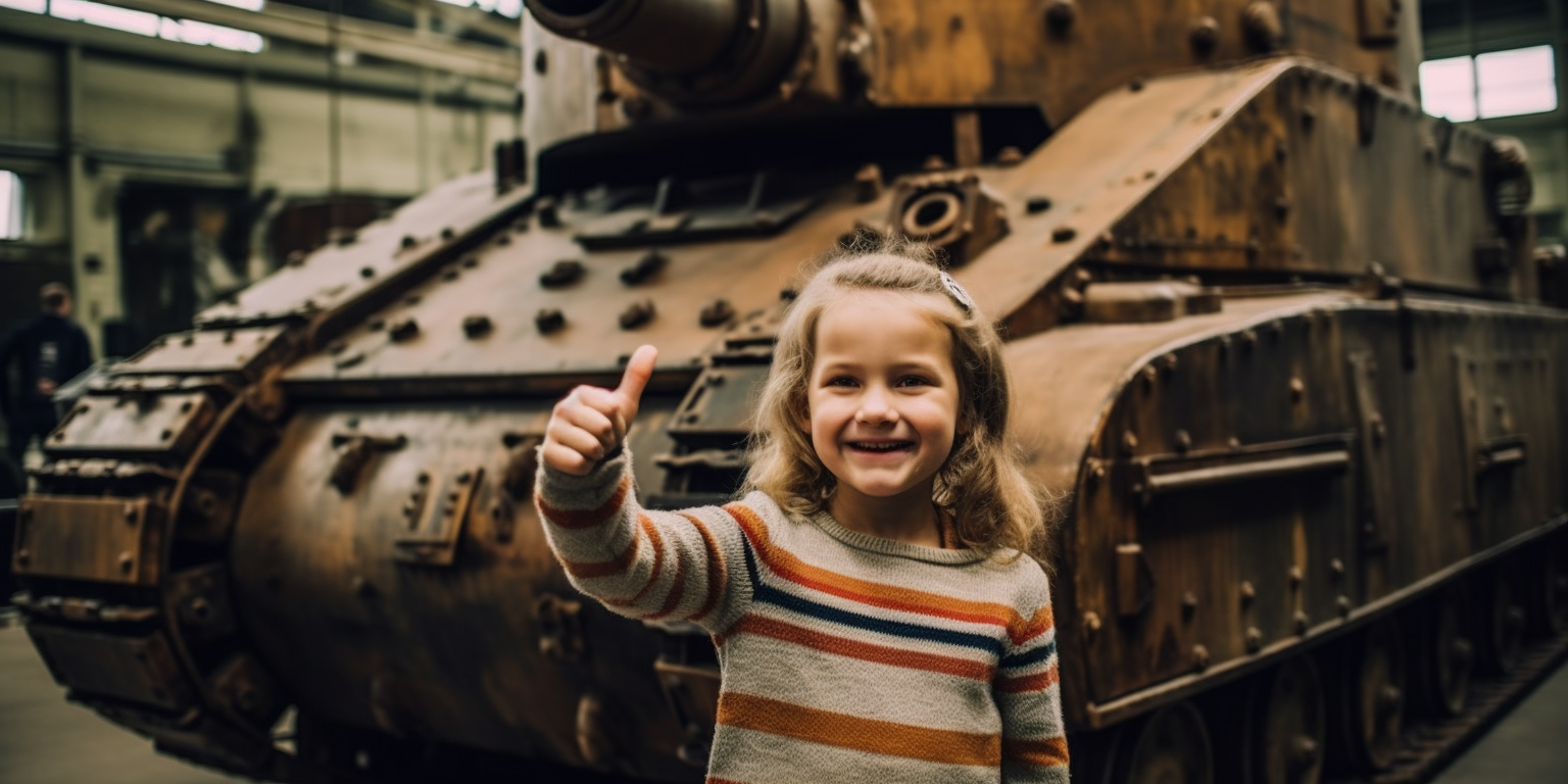 Child giving thumbs up to tank