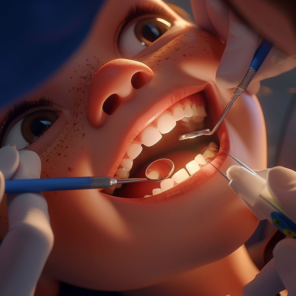 Child getting teeth cleaned cartoon