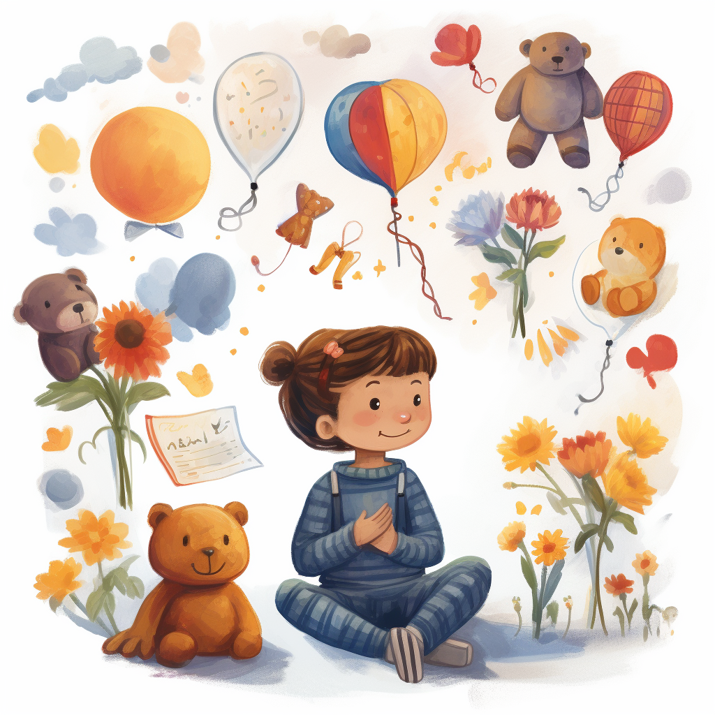 Child with Thought Bubble: Thankful for Friends, Flowers, Rainbows