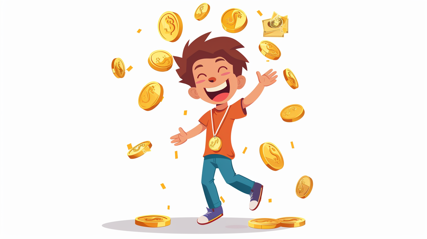 Child smiling with money and medal