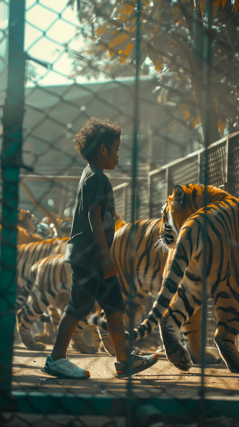 child and tigers near cage