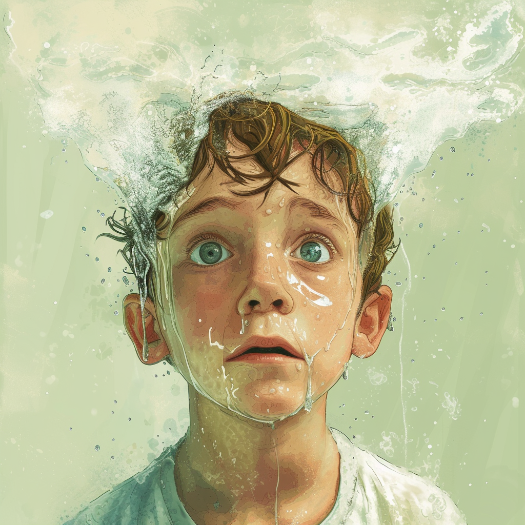 Child with water on face in cartoon style