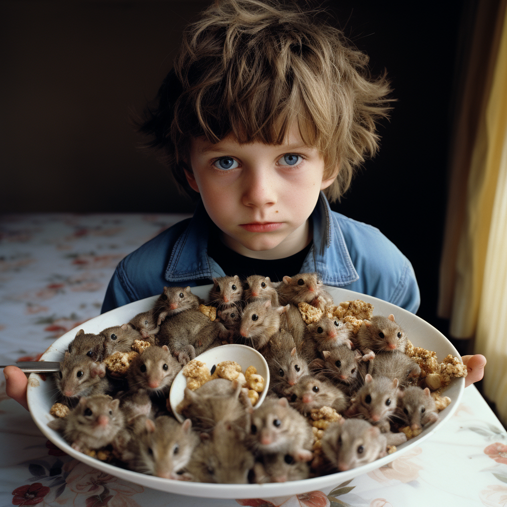 Adorable child with dozen mice in plate