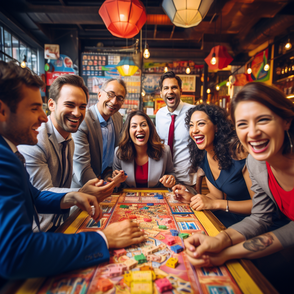 Adults playing childhood game in business attire