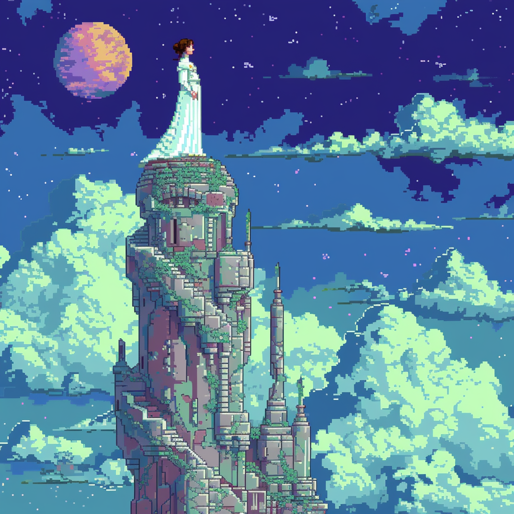 8-bit style childlike empress in tower