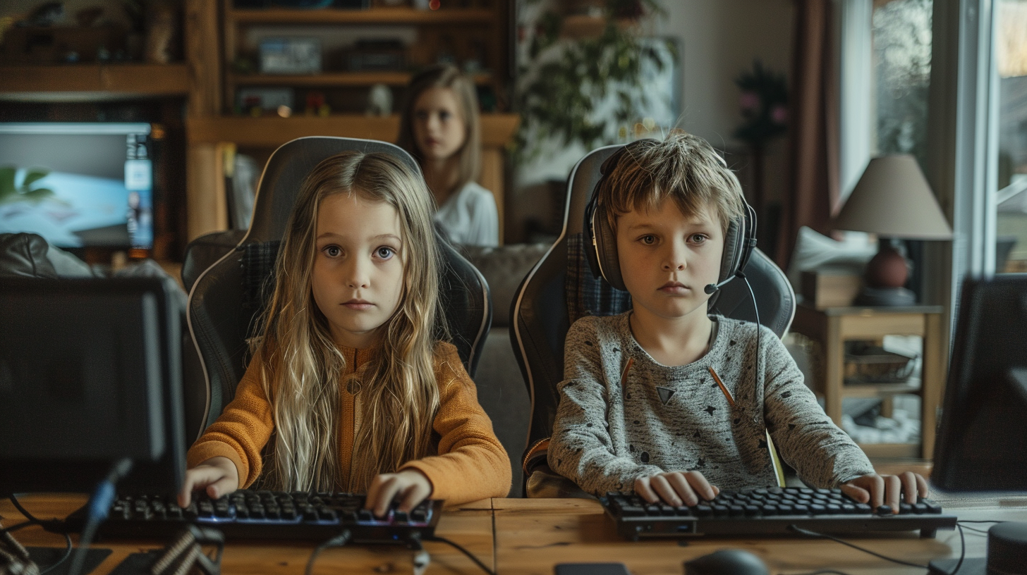 Two children at desk with mother