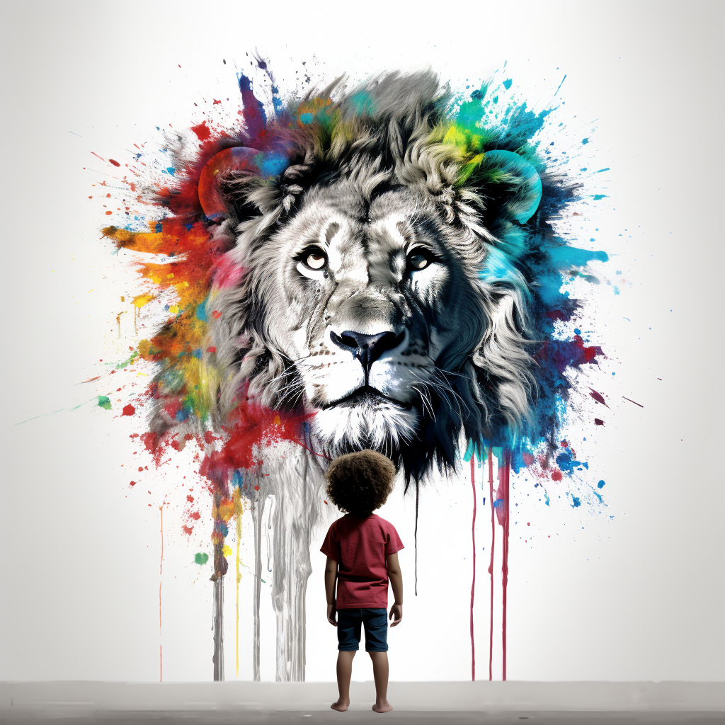 Children hiding behind lion on white background