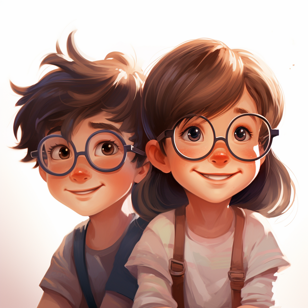 Two kids wearing eyeglasses happily