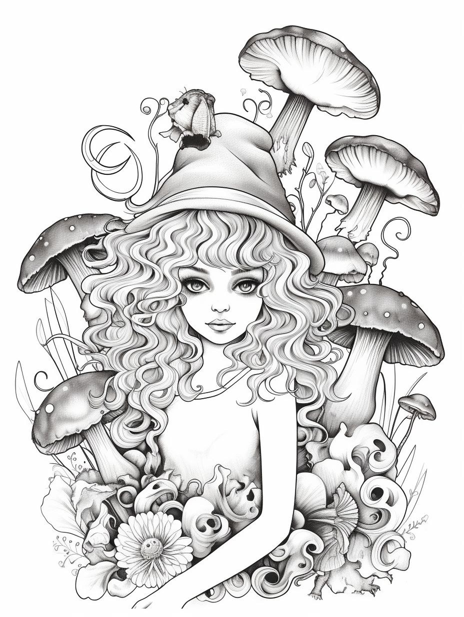 Young girl coloring page mushroom