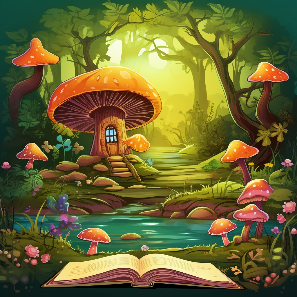 Cartoon-style Open Book with Forest and Mushrooms