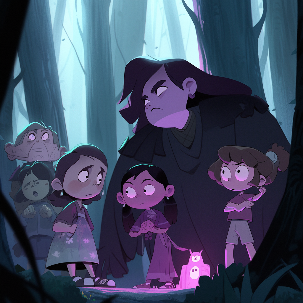 Group of children in a dark forest