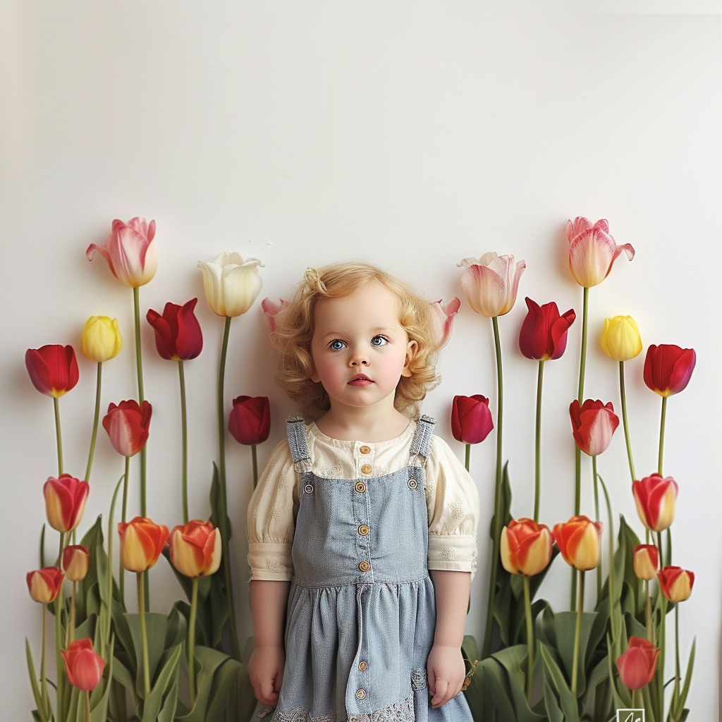 Children with Tulips on White Wall