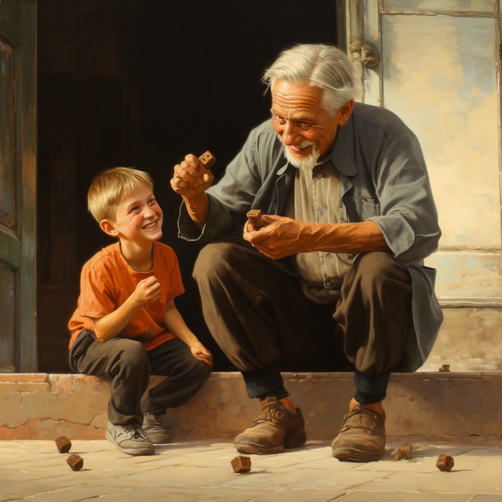 Children playing at the feet of an elderly man