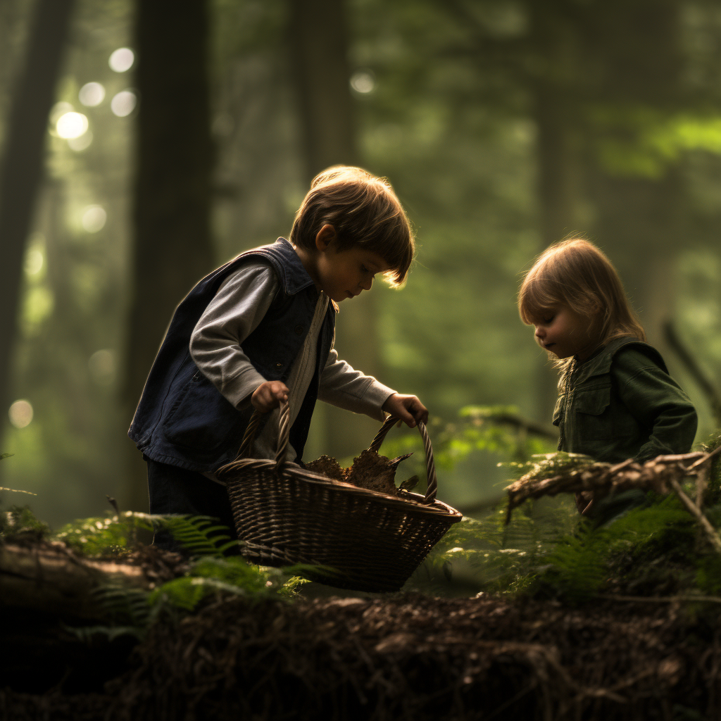 children playing in forest landscape