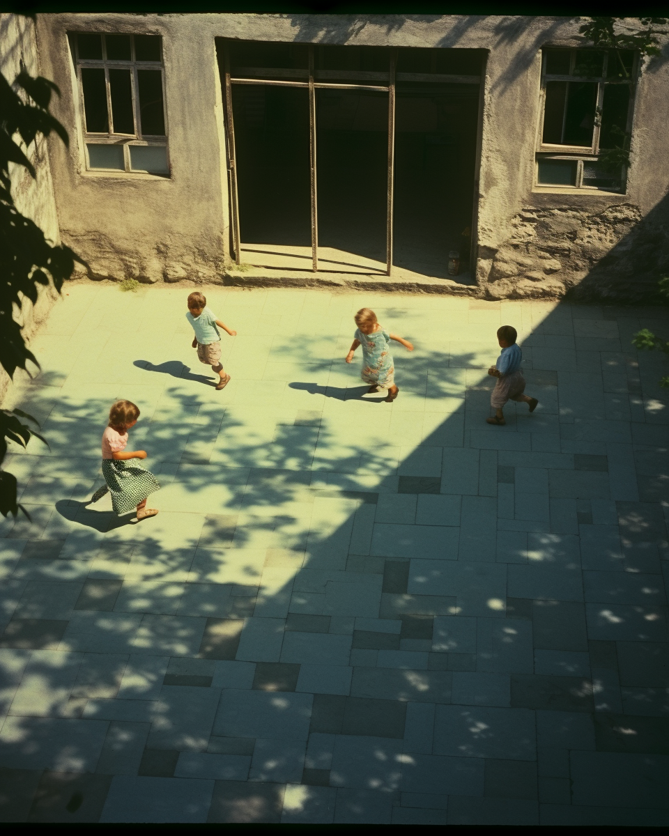 Children playing hopscotch in shaded courtyard