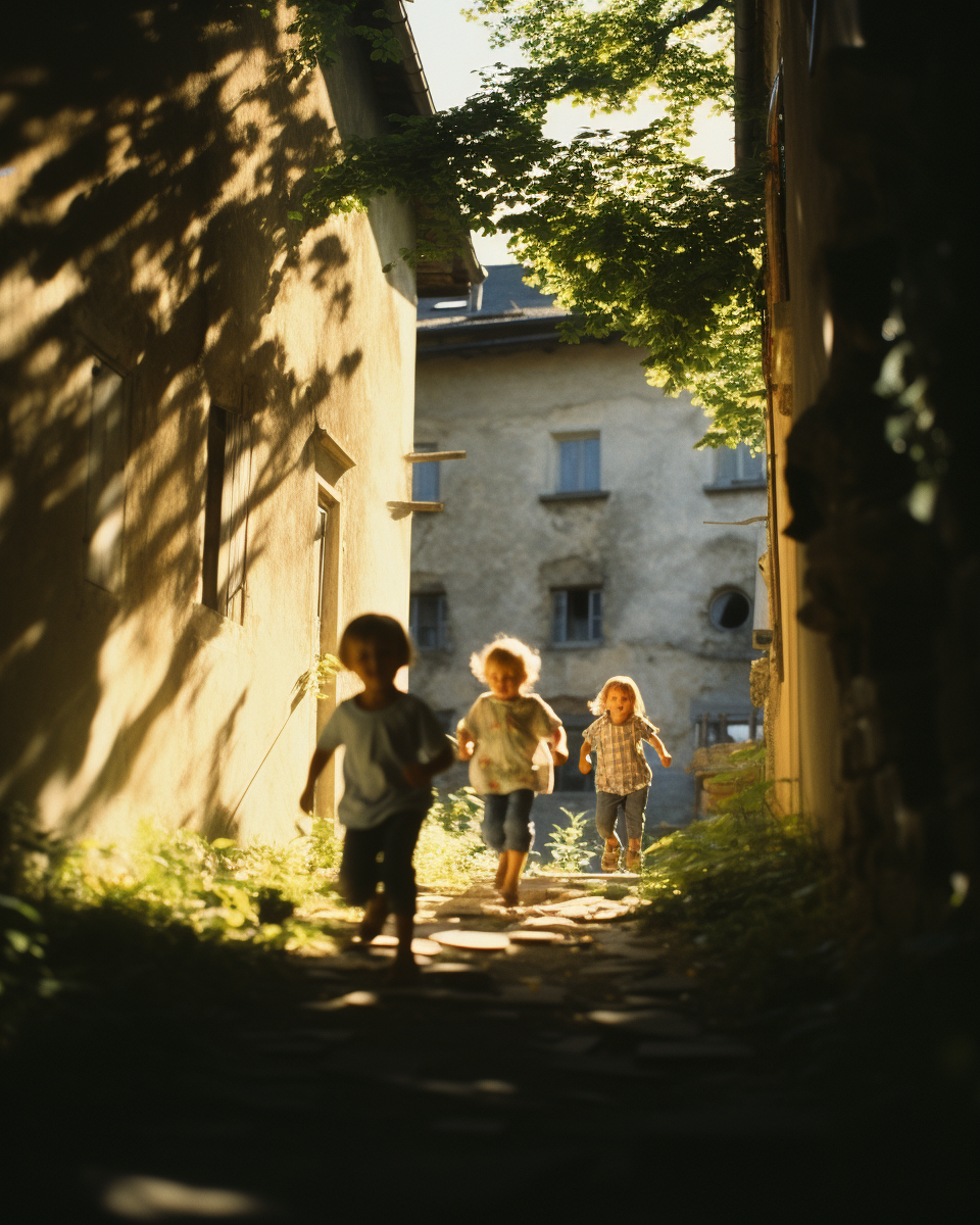 Children playing in shaded alleyway