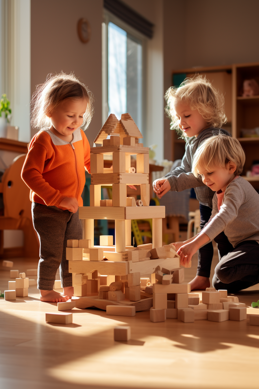 Children playing with wooden unit blocks