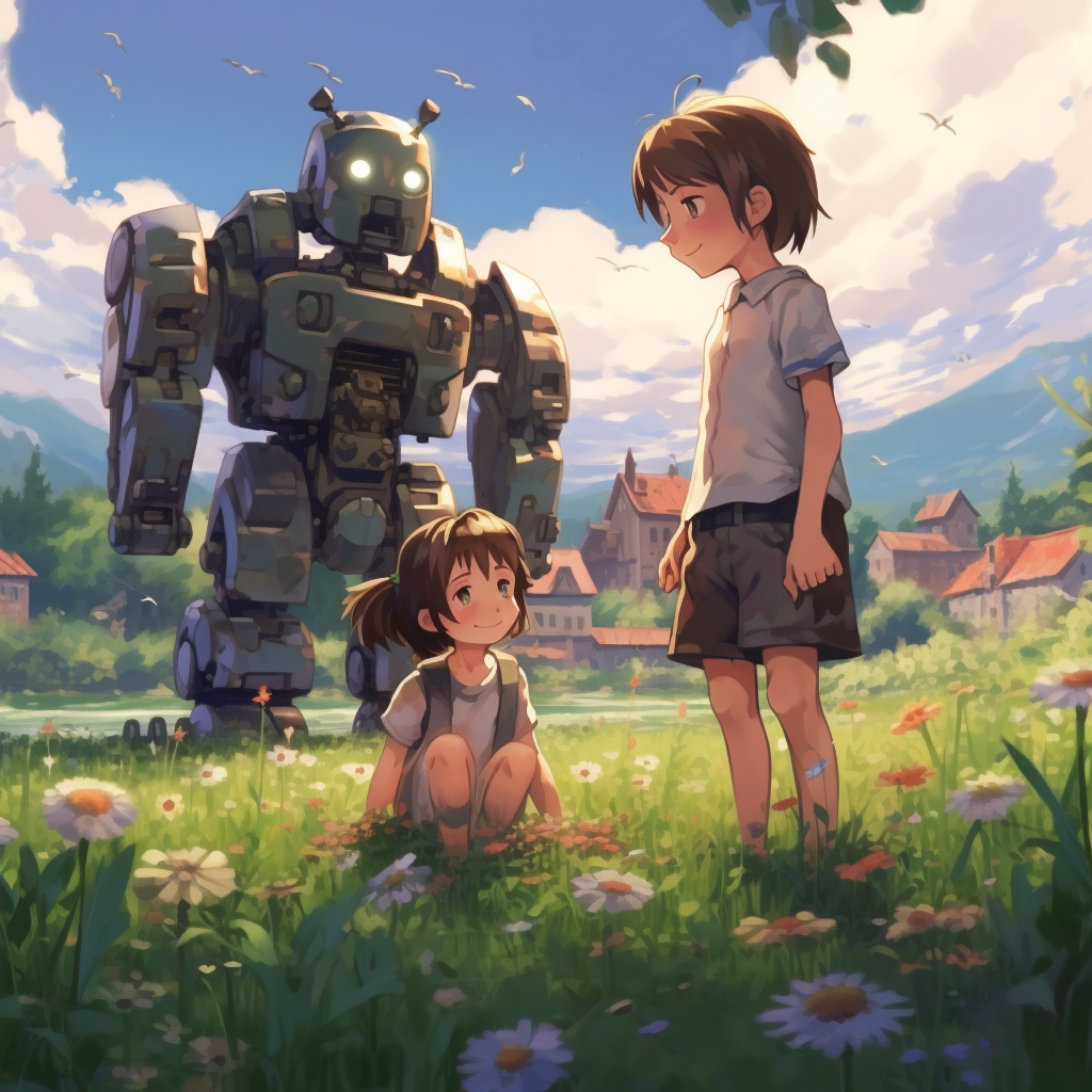 Two happy kids playing with a robot