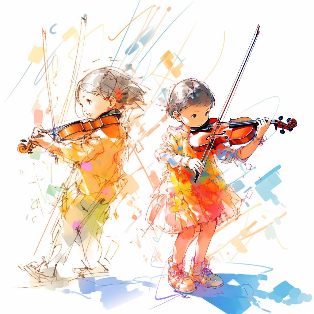 Vibrant violin-playing children on stage