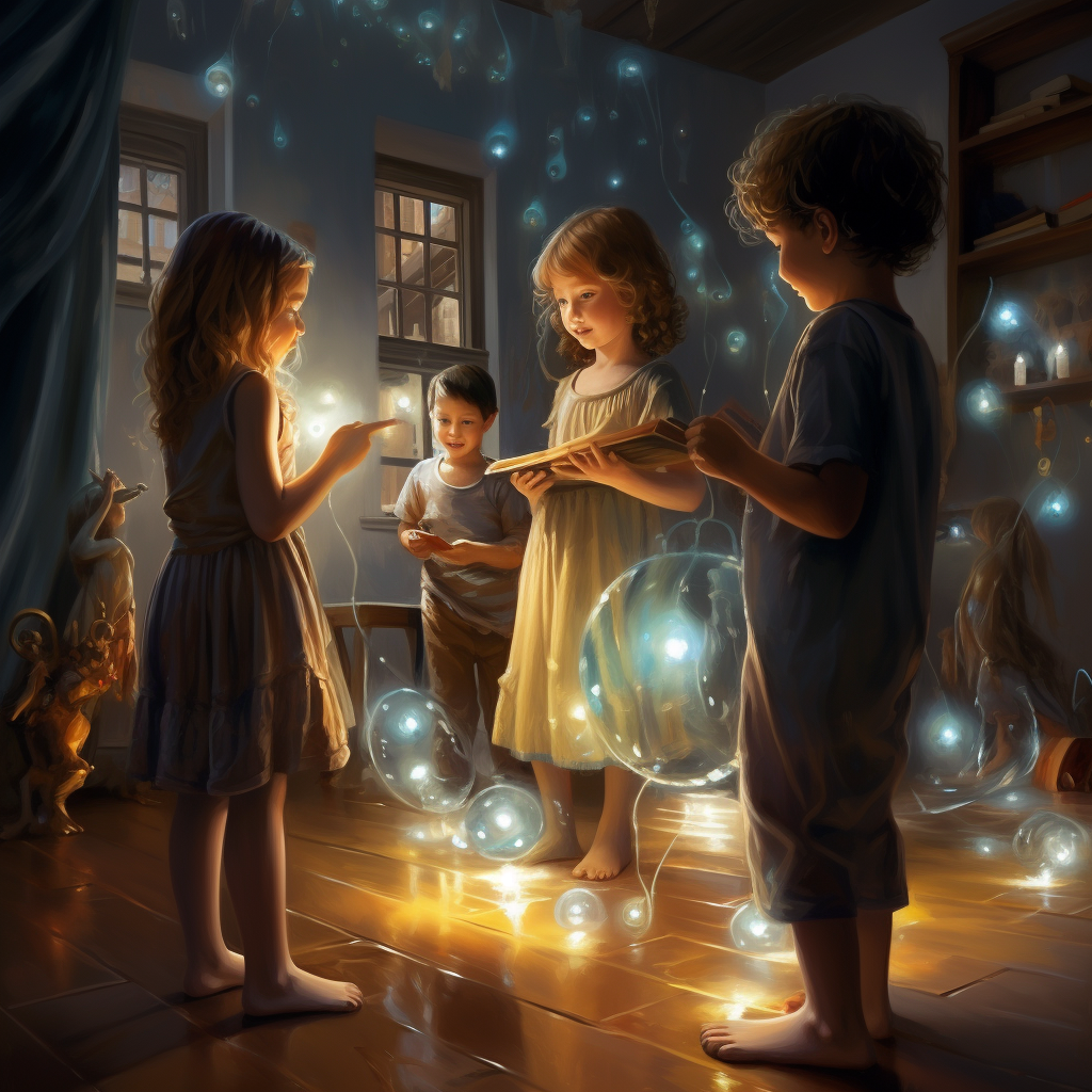 Children playing in costumes at well-lit room