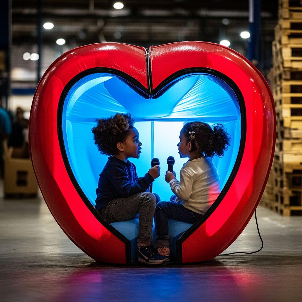 Children using microphone in heart-shaped pod cast