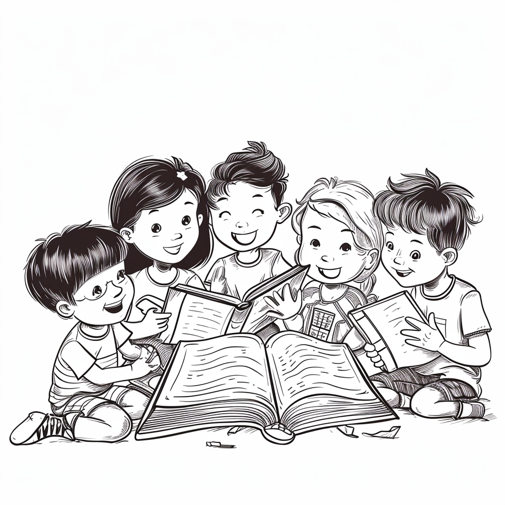 Children studying Bible on white background