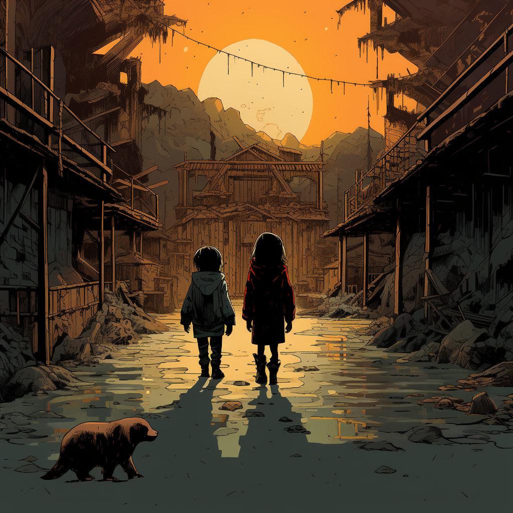 Two children walking in zoo - Mignola style