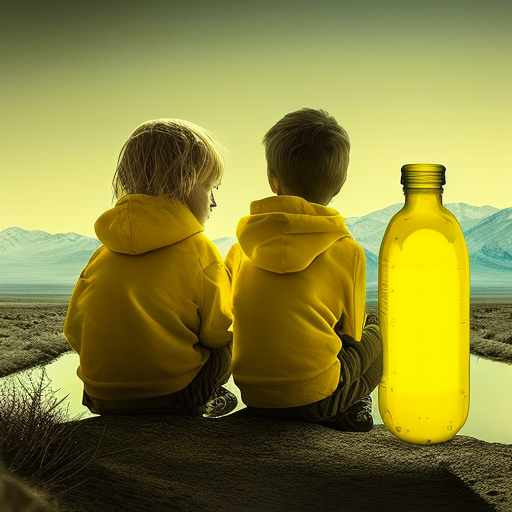 Two children in yellow bottle holding hands, admiring the view