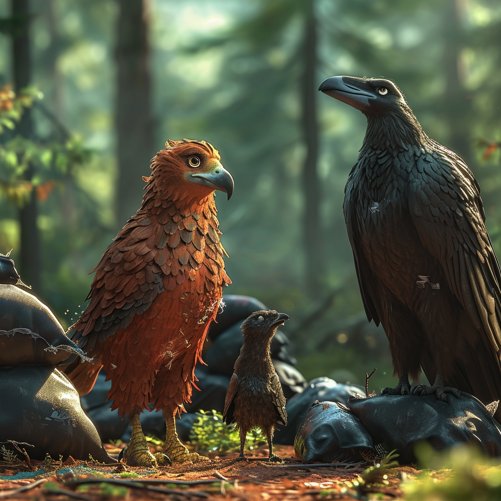 Children's audiobook cover illustration with falcon, raven, and beaver