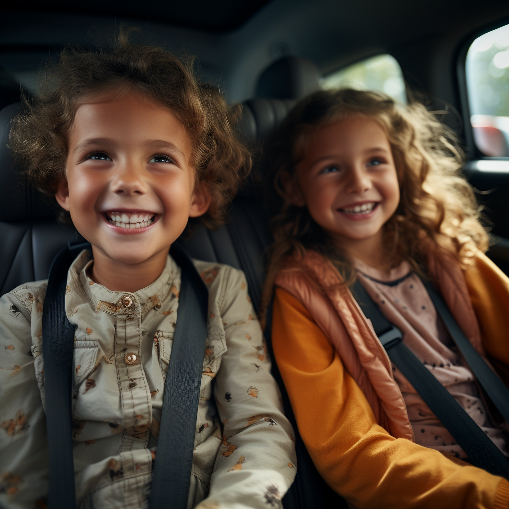 Two happy children in car with safety belts