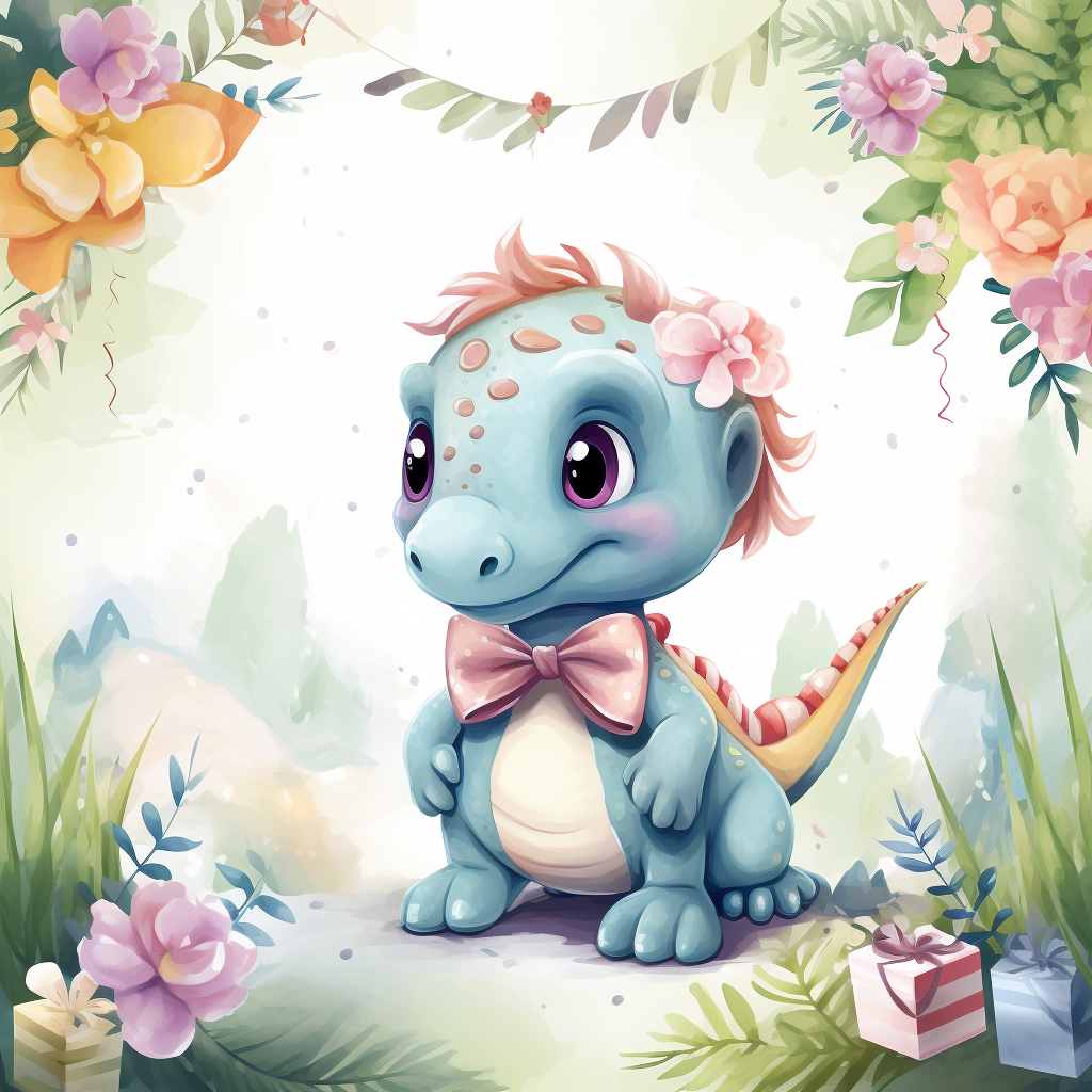 Female dinosaur wearing a bow with flowers and foliage