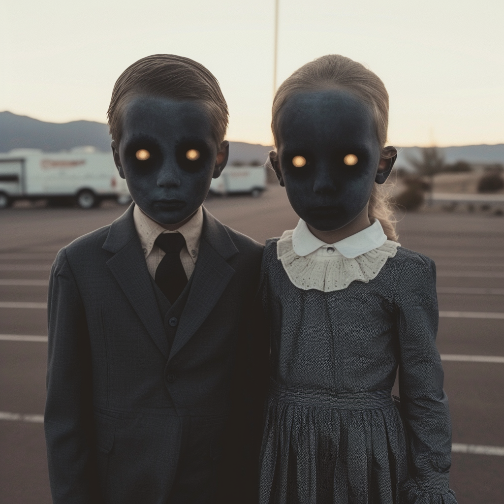 Children with pitch black eyes in formal attire at mall