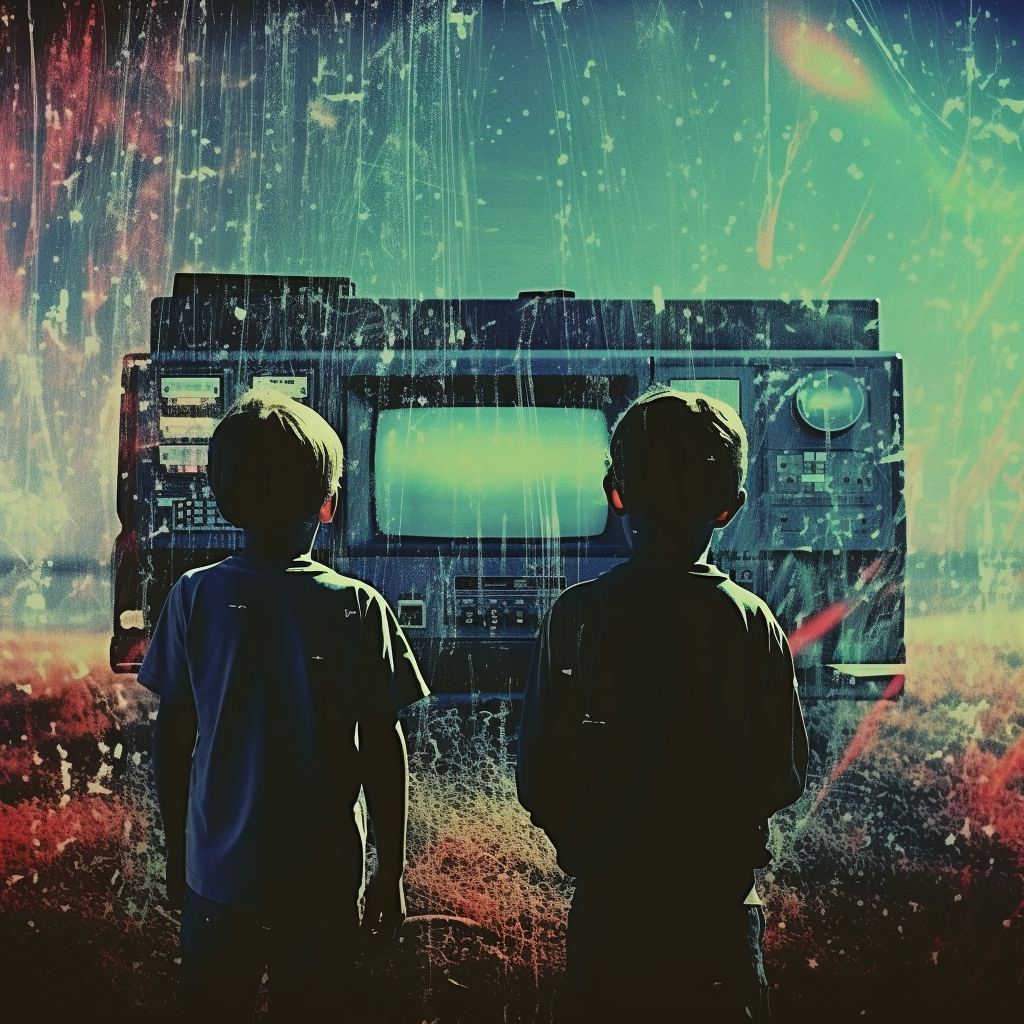 Children podcasting with VHS glitch texture