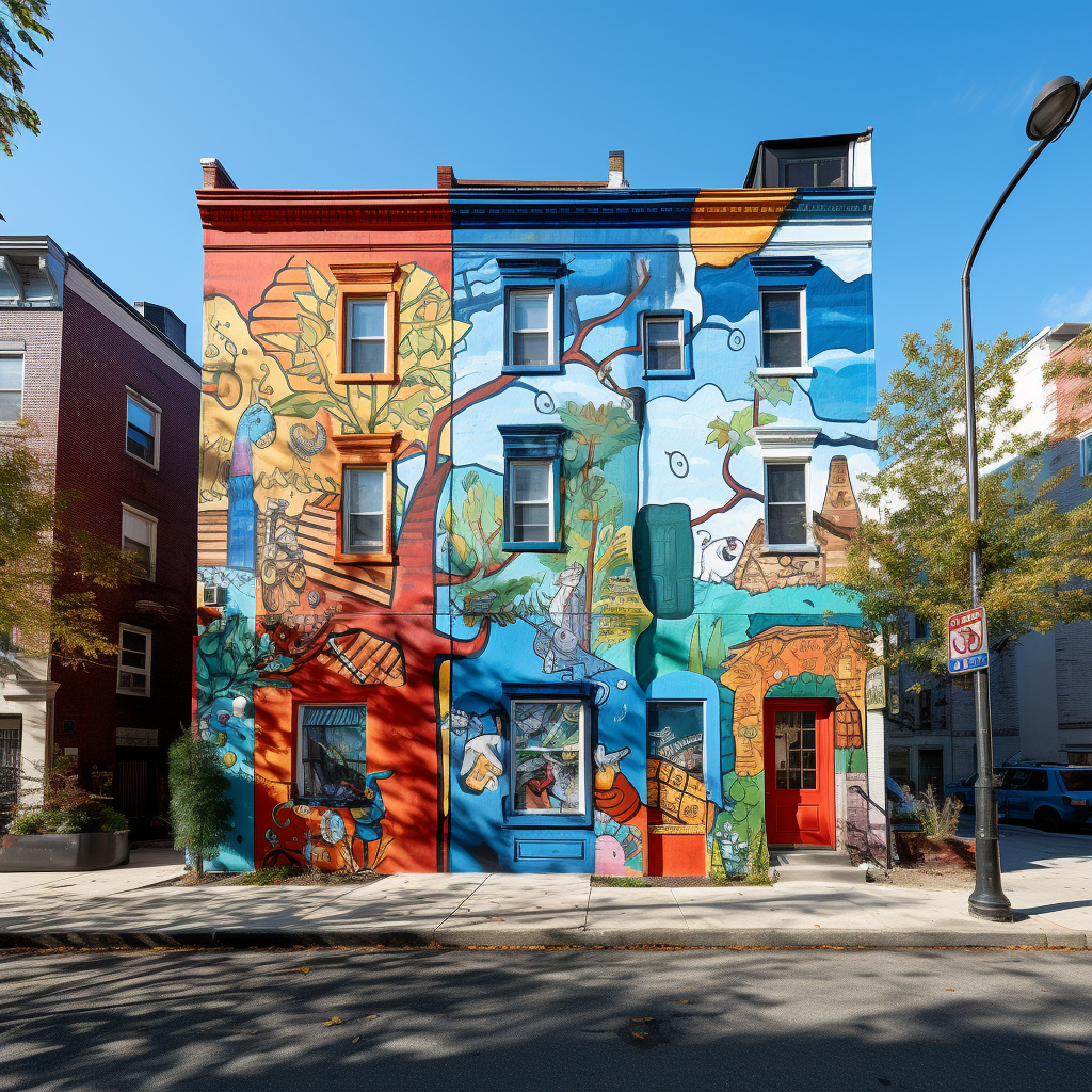 Children's artwork displayed on building exteriors