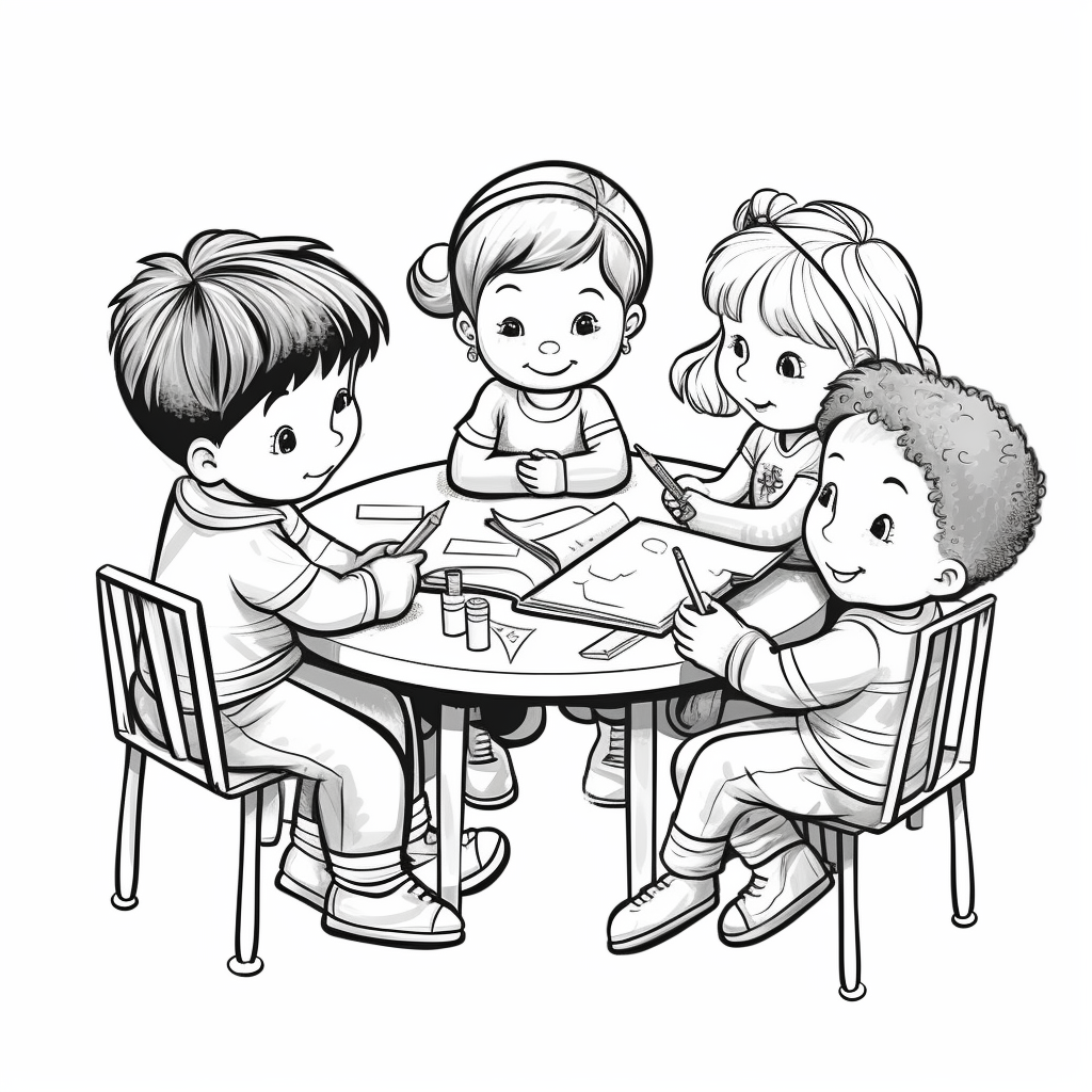 Five children drawing at a table