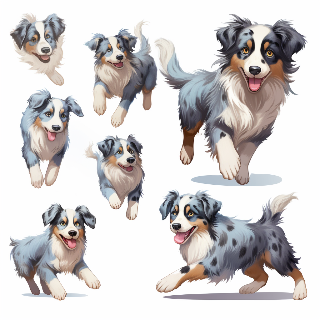 Blue Merle Australian Shepherd running in children's book illustration