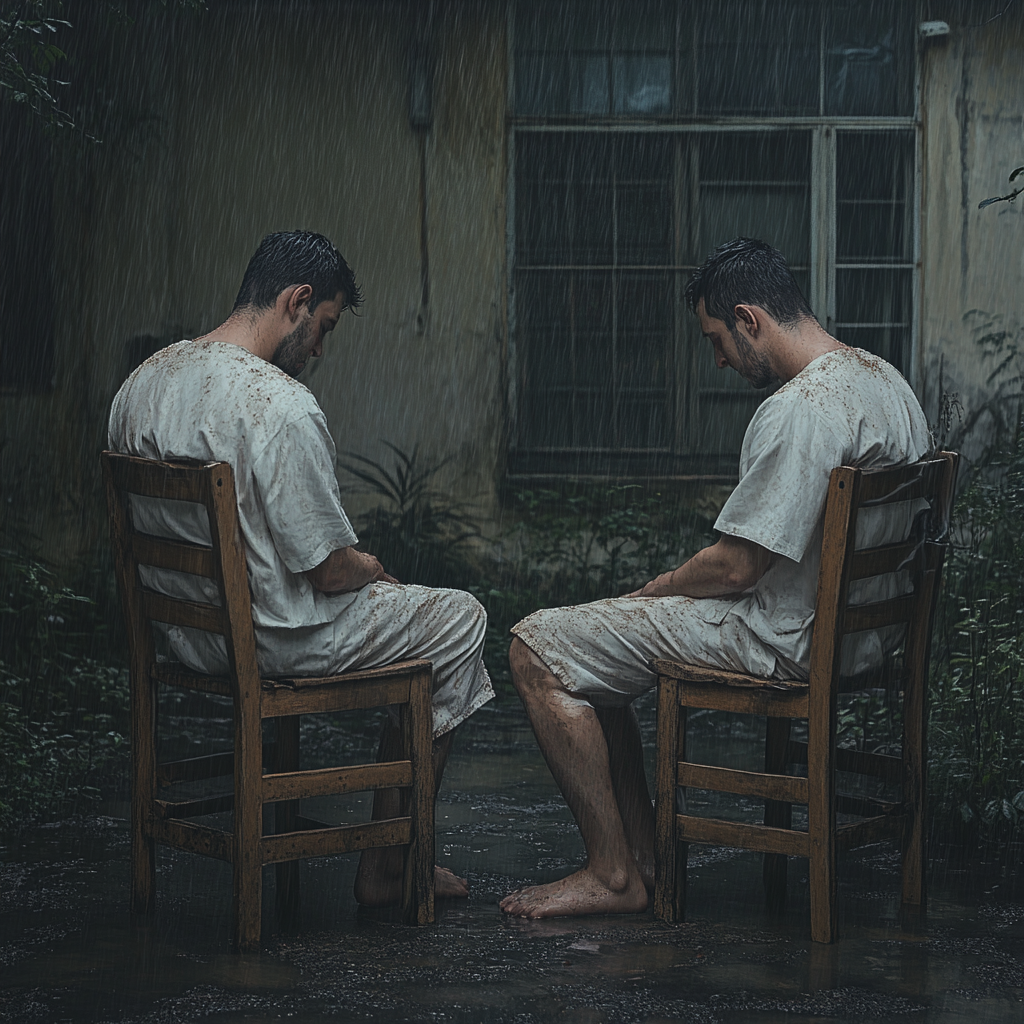 Chilean guys sitting in rain