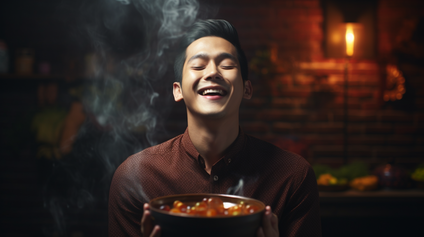 Excited young man tasting chili bean sauce