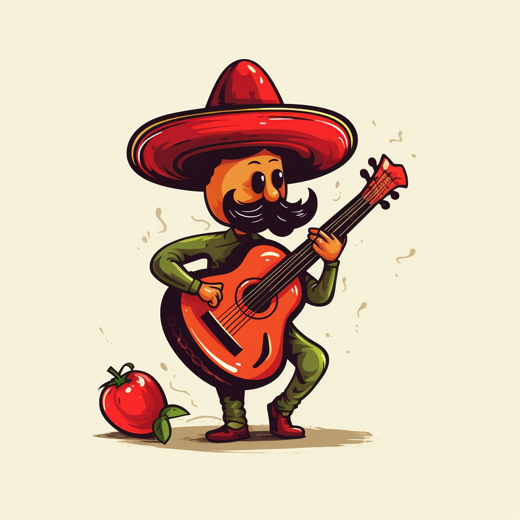 Sketch of a Mustached Chili Pepper Playing the Guitar