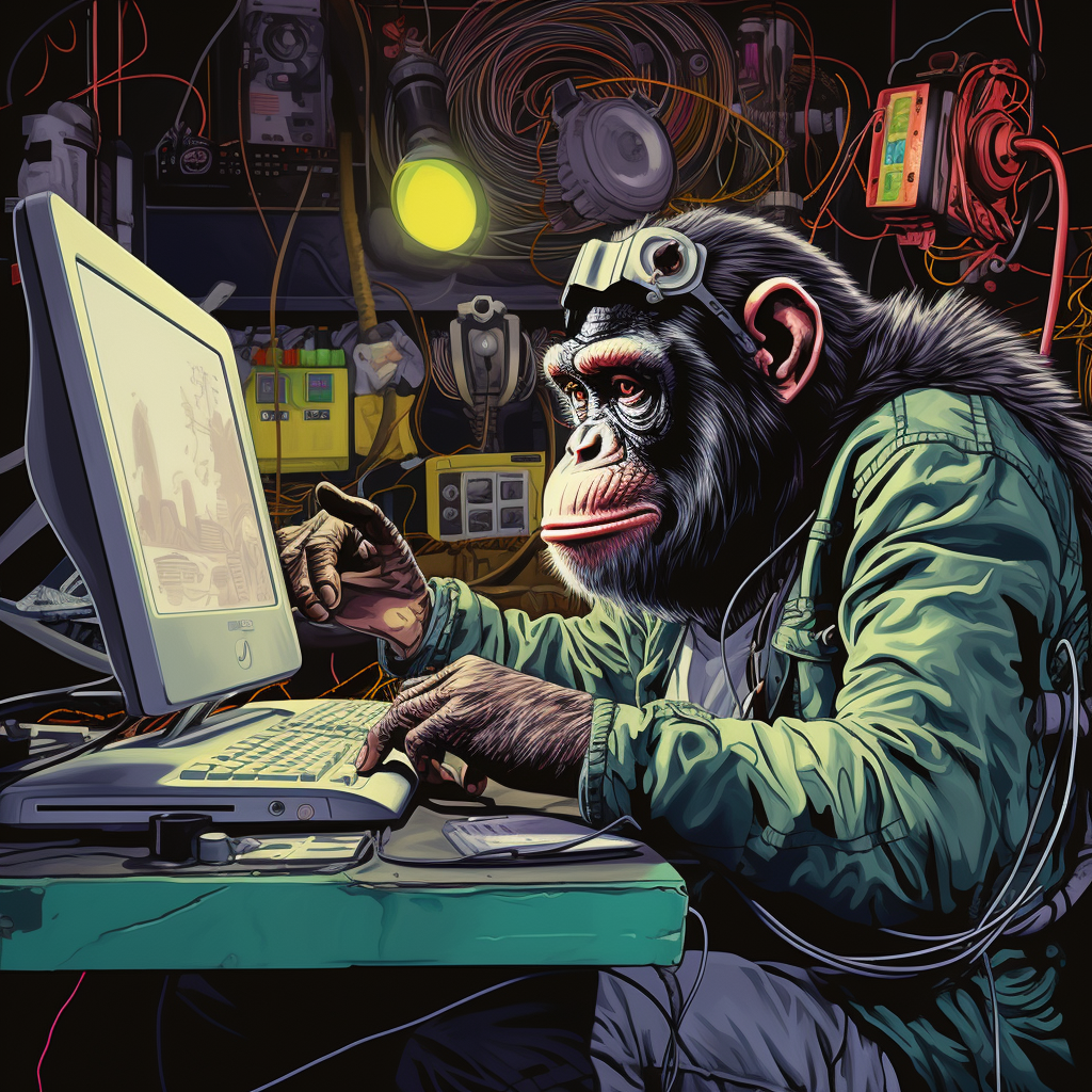 Chimp working at desk with laptop keys