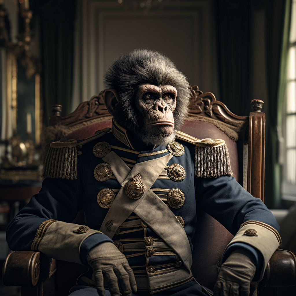 Portrait of real chimp in Napoleon era attire