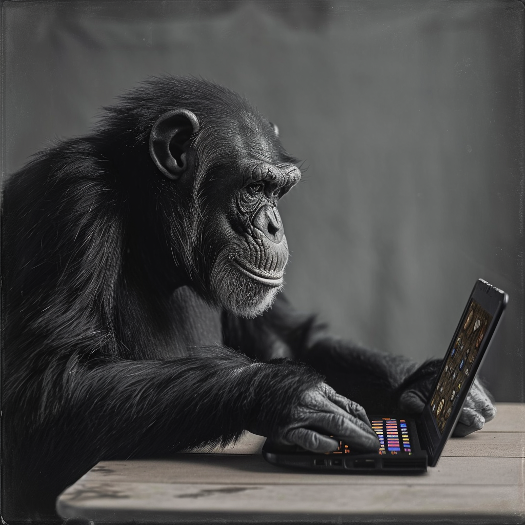 Chimpanzee working on laptop at desk