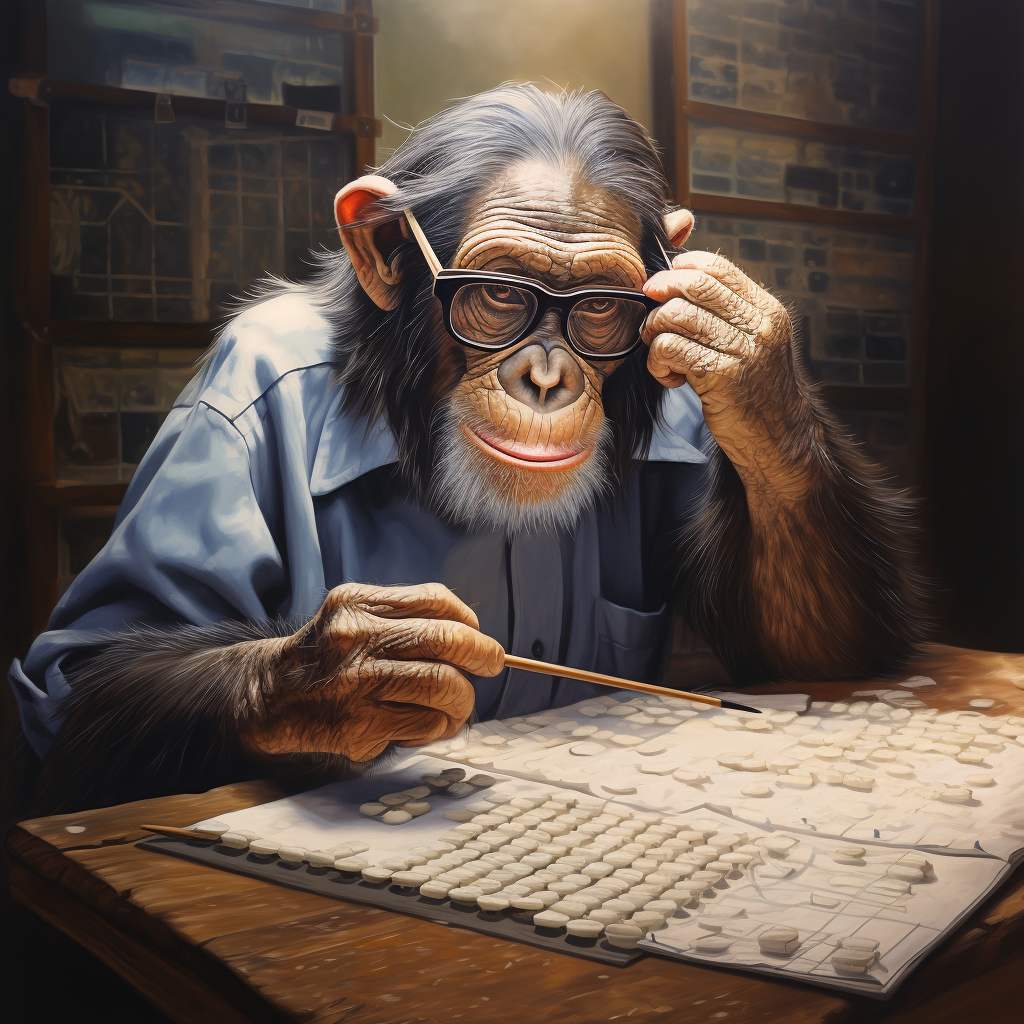 Clever chimp wearing glasses solving crossword puzzle